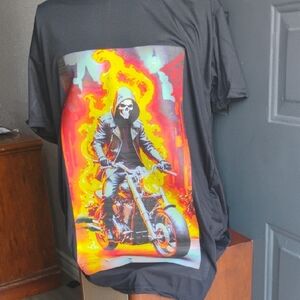 Black Graphic T-Shirt with Fiery Motorcycle Design